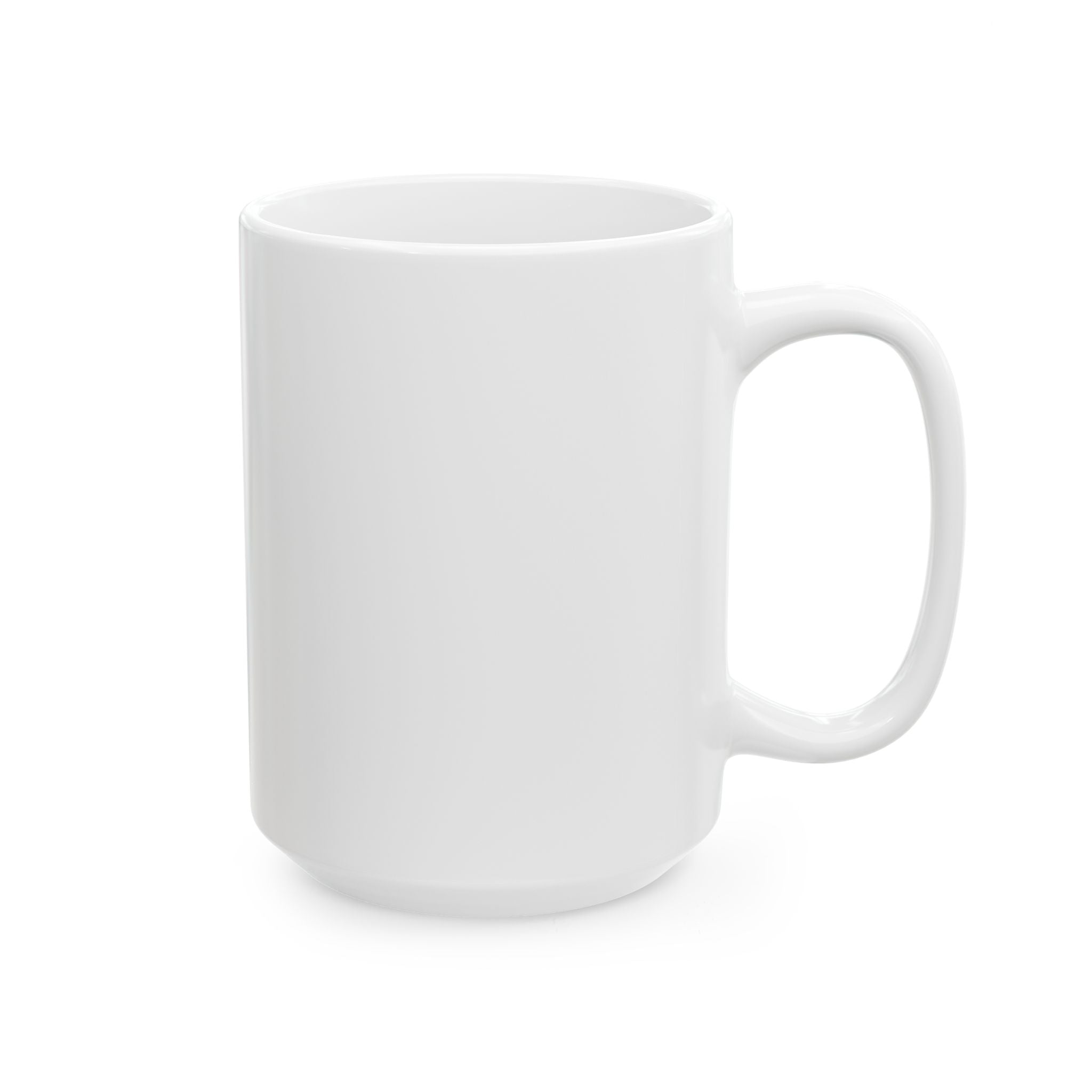 White ceramic mug with curved handle, plain front