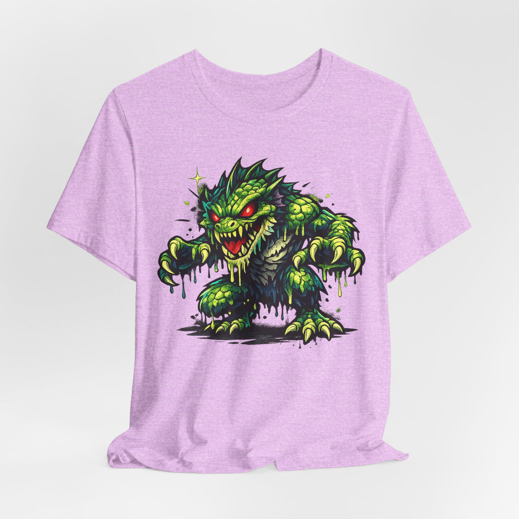 Lavender T-shirt with green cartoon monster illustration and dripping slime