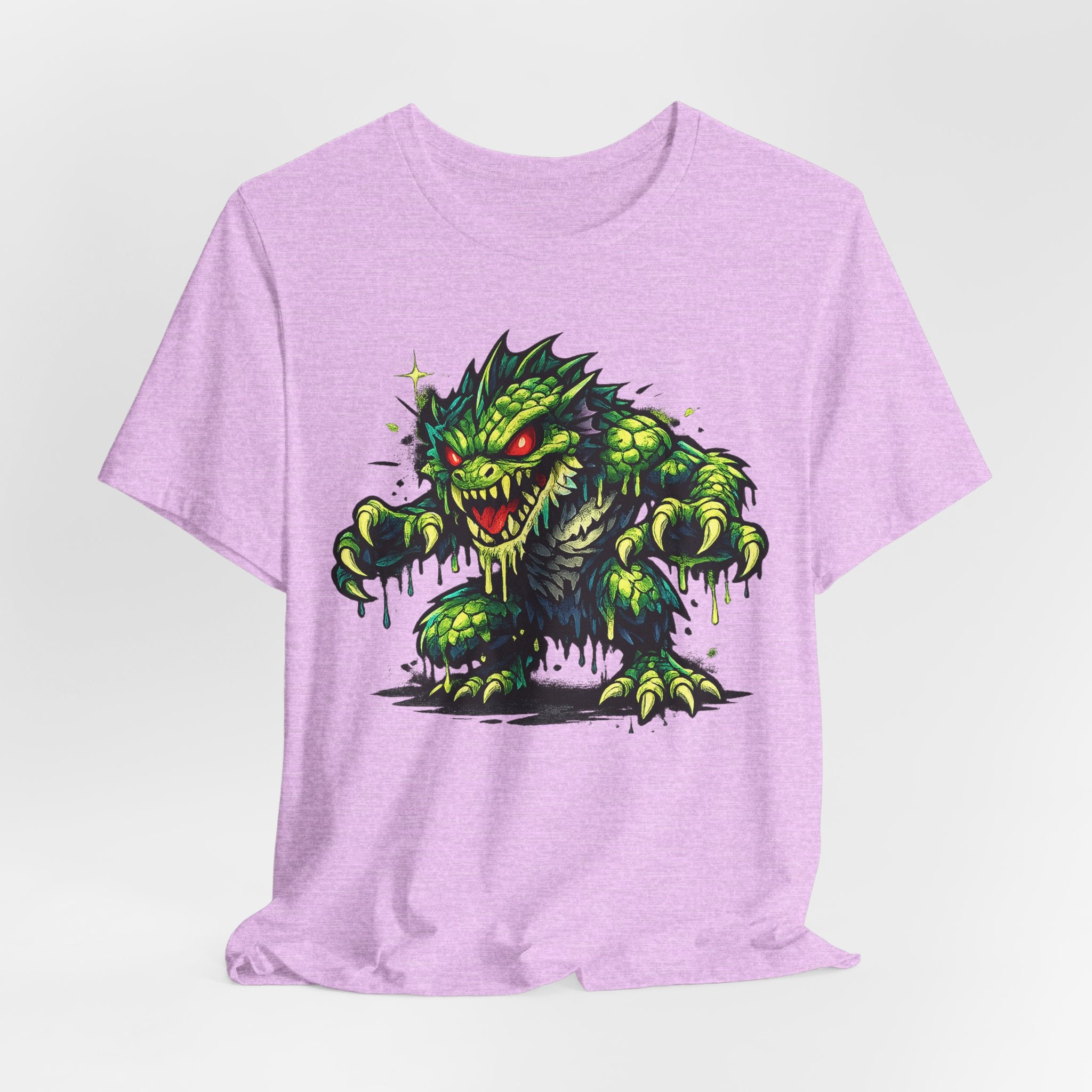 Lavender T-shirt with green cartoon monster illustration and dripping slime