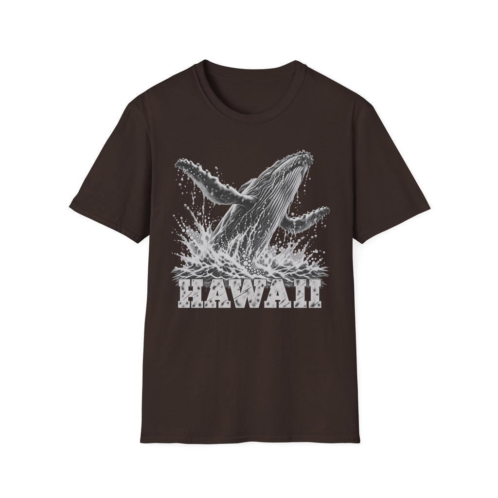 Dark brown crewneck T-shirt with white breaching humpback whale and “HAWAII” graphic