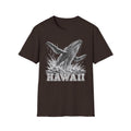 Dark brown crewneck T-shirt with white breaching humpback whale and “HAWAII” graphic