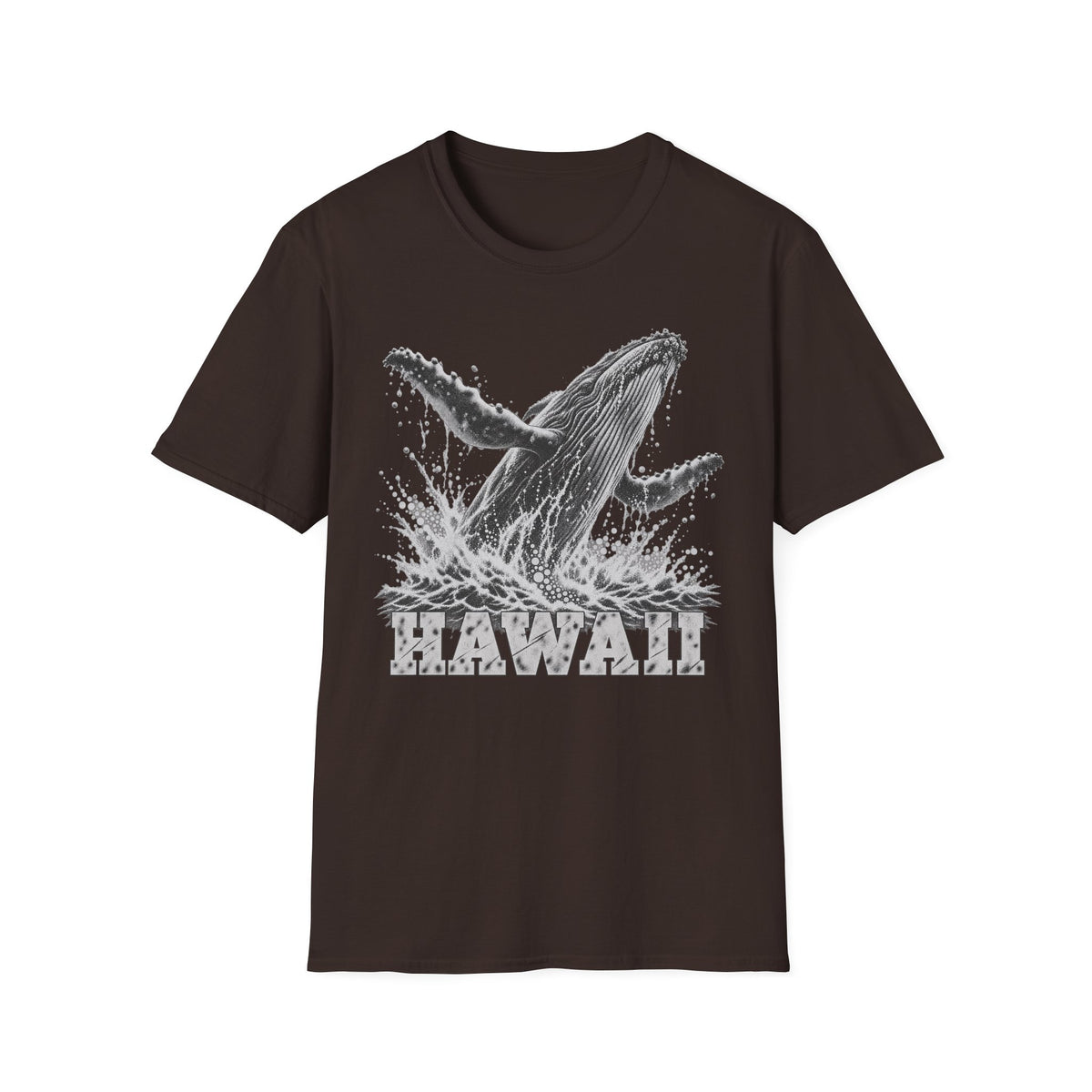Dark brown crewneck T-shirt with white breaching humpback whale and “HAWAII” graphic
