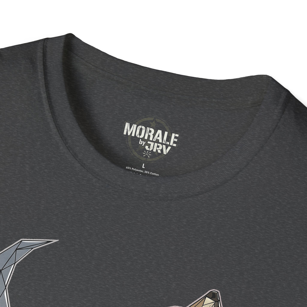 Dark heather Lone Wolf howling T-shirt, neckline logo and crew neck