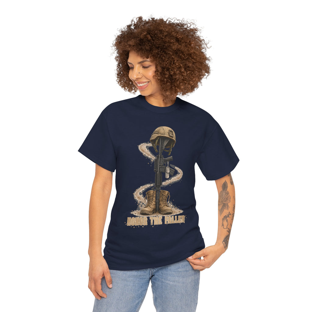 Navy crew-neck T-shirt with helmeted soldier graphic and text