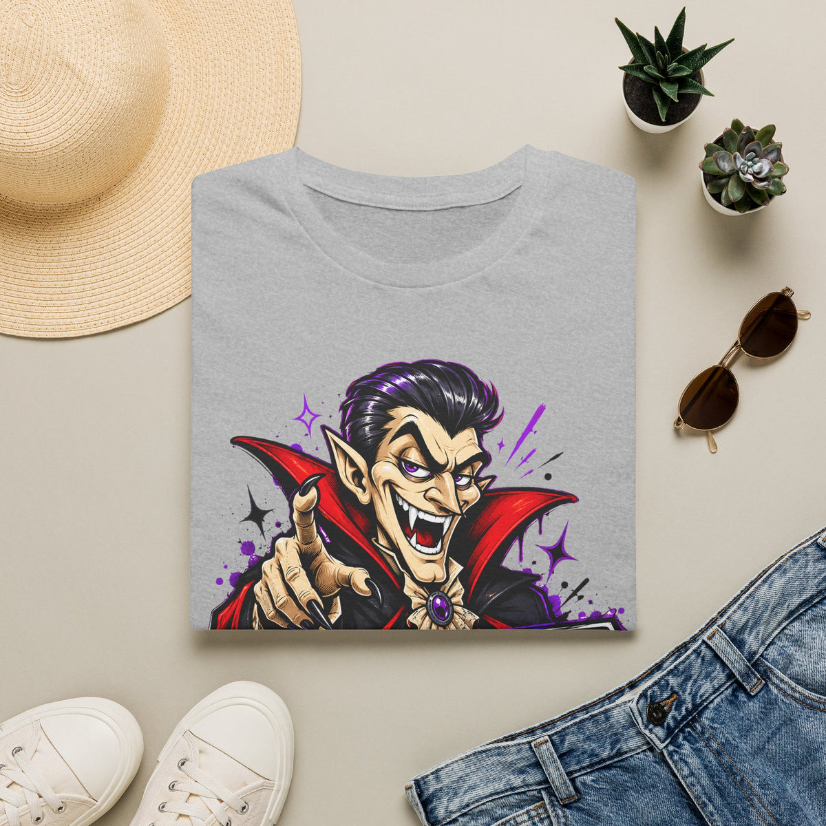 Light gray T-shirt with colorful cartoon vampire pointing graphic