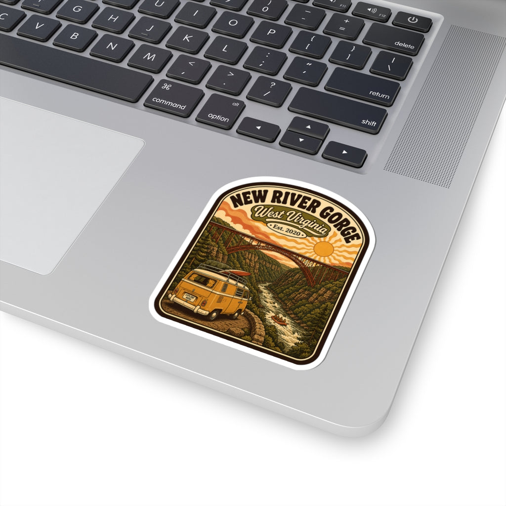 Rounded kiss-cut sticker with New River Gorge logo and vintage yellow camper graphic