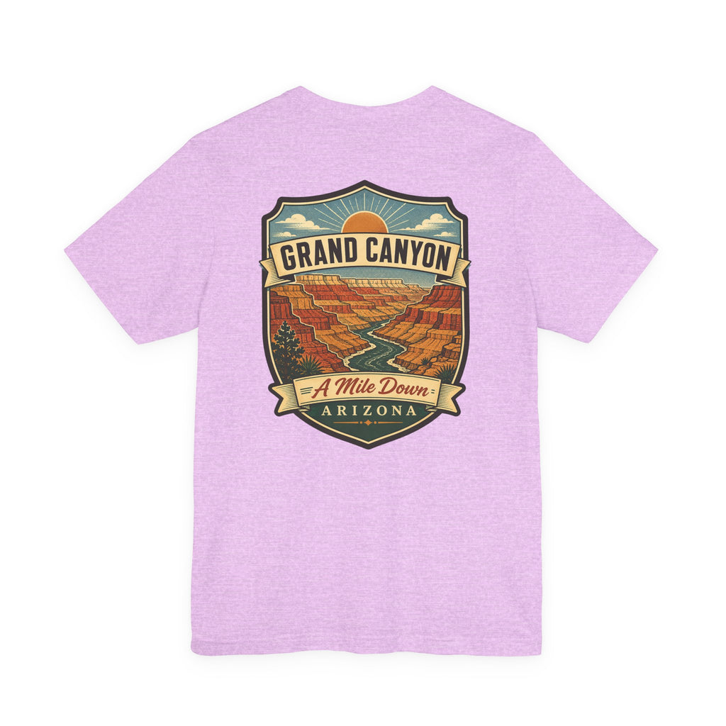Grand Canyon souvenir T-shirt, lavender purple with large “GRAND CANYON” scenic graphic