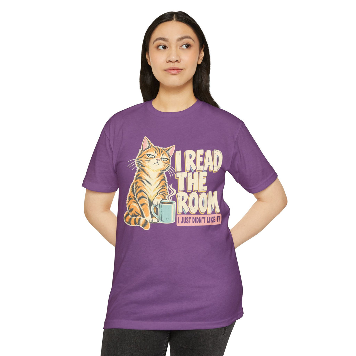 Purple cat graphic T-shirt with “I read the room” slogan and coffee cup.