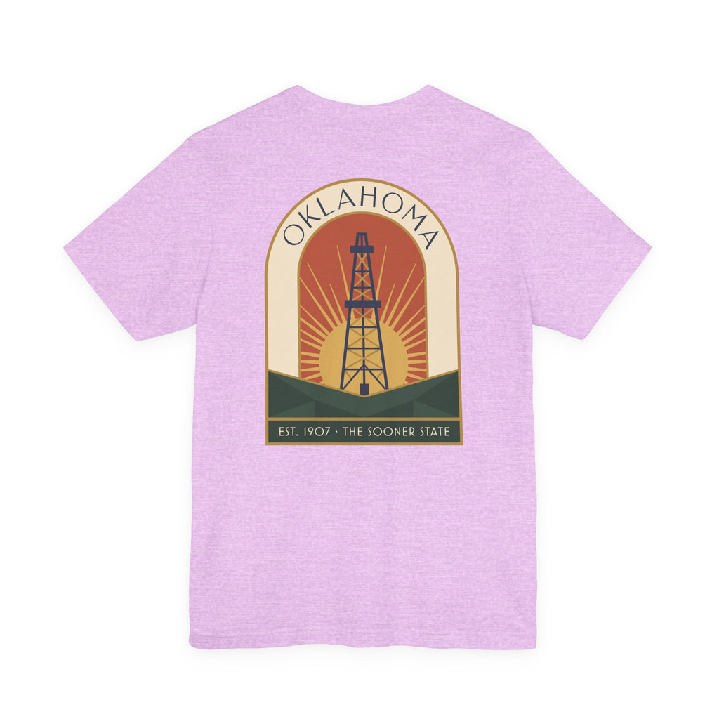 Oklahoma oil derrick art deco T-shirt in lavender with front square oil derrick graphic