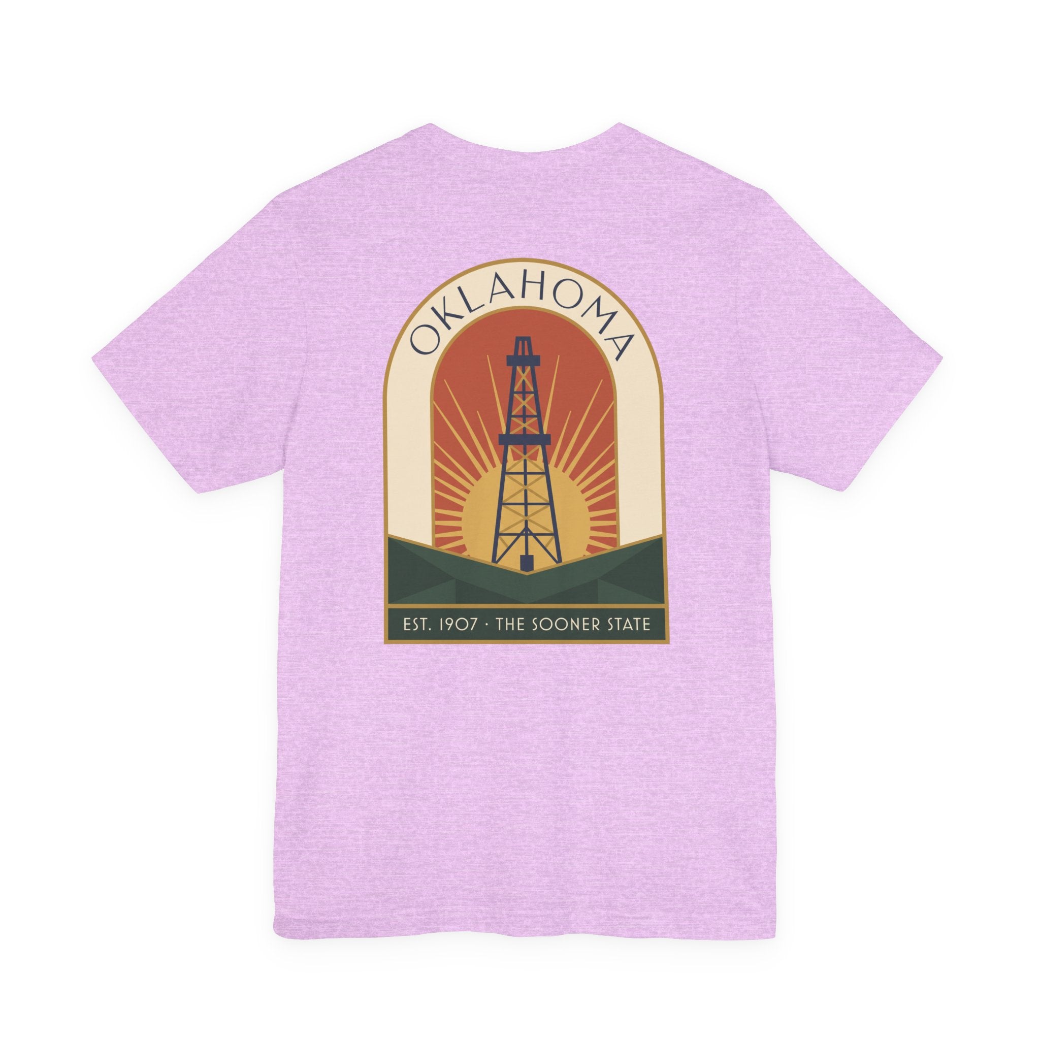 Oklahoma oil derrick art deco T-shirt in lavender with front square oil derrick graphic
