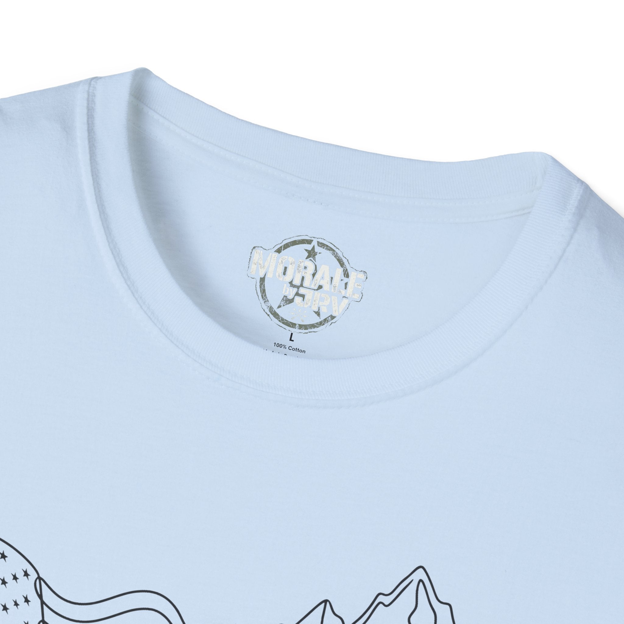 Light blue T-shirt neckline with small chest logo print