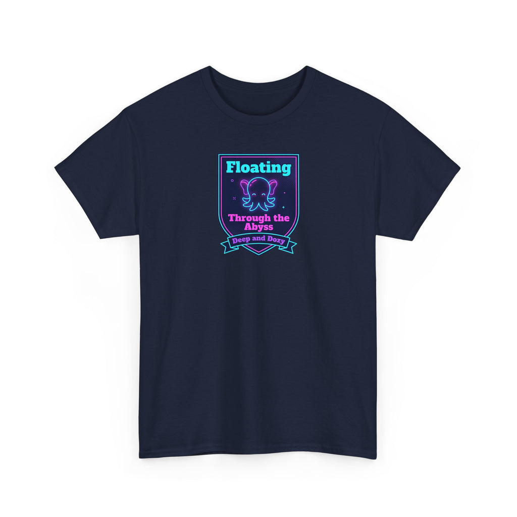 Dark crewneck graphic T-shirt with framed octopus artwork on front