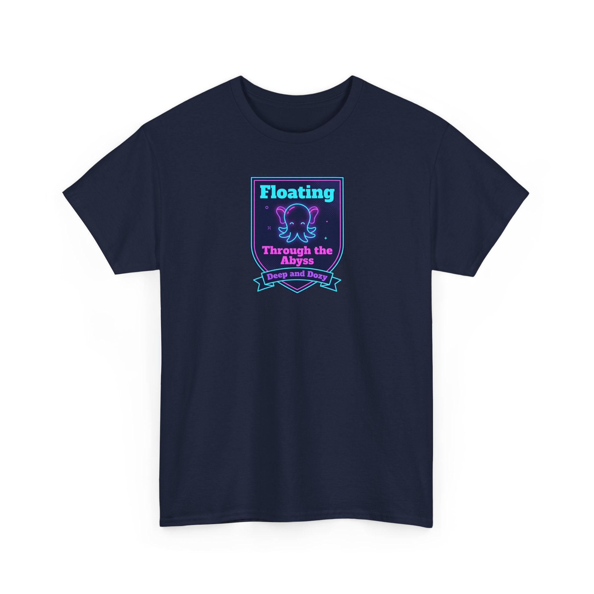 Dark crewneck graphic T-shirt with framed octopus artwork on front