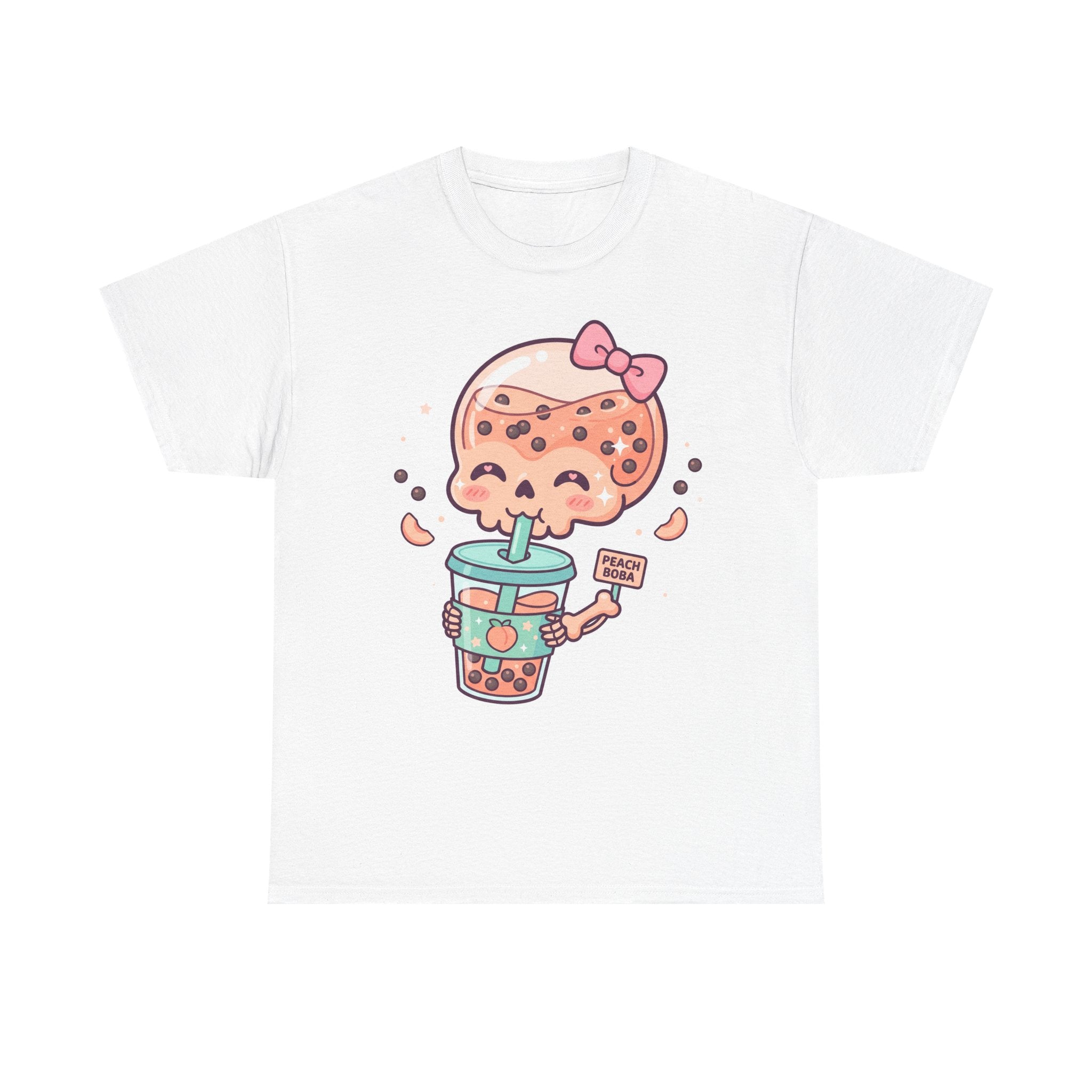 White T-shirt with kawaii boba tea skull graphic holding a cup