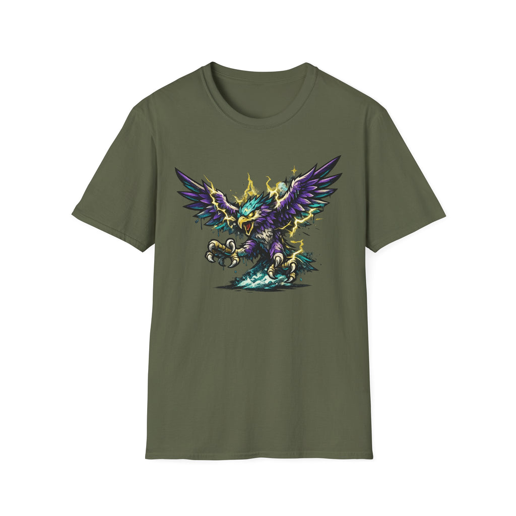 Military green crew-neck T-shirt with colorful lightning bird graphic, front view