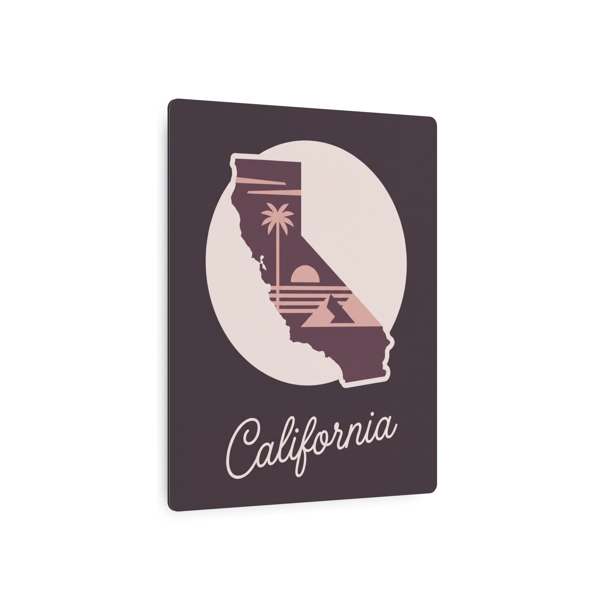 Mauve square California metal wall art with circular palm tree silhouette and "California" script.