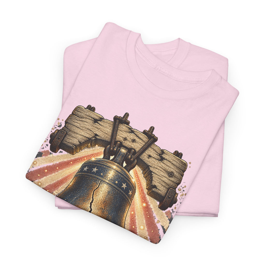 Light pink short-sleeve T-shirt with Liberty Bell scenic graphic, crew neck