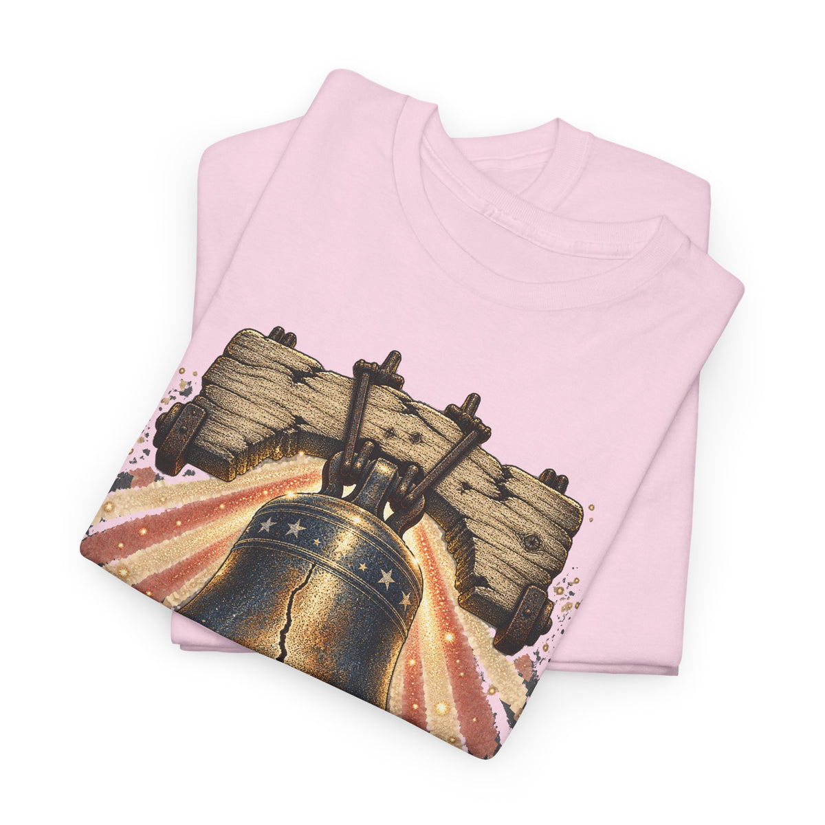 Light pink short-sleeve T-shirt with Liberty Bell scenic graphic, crew neck
