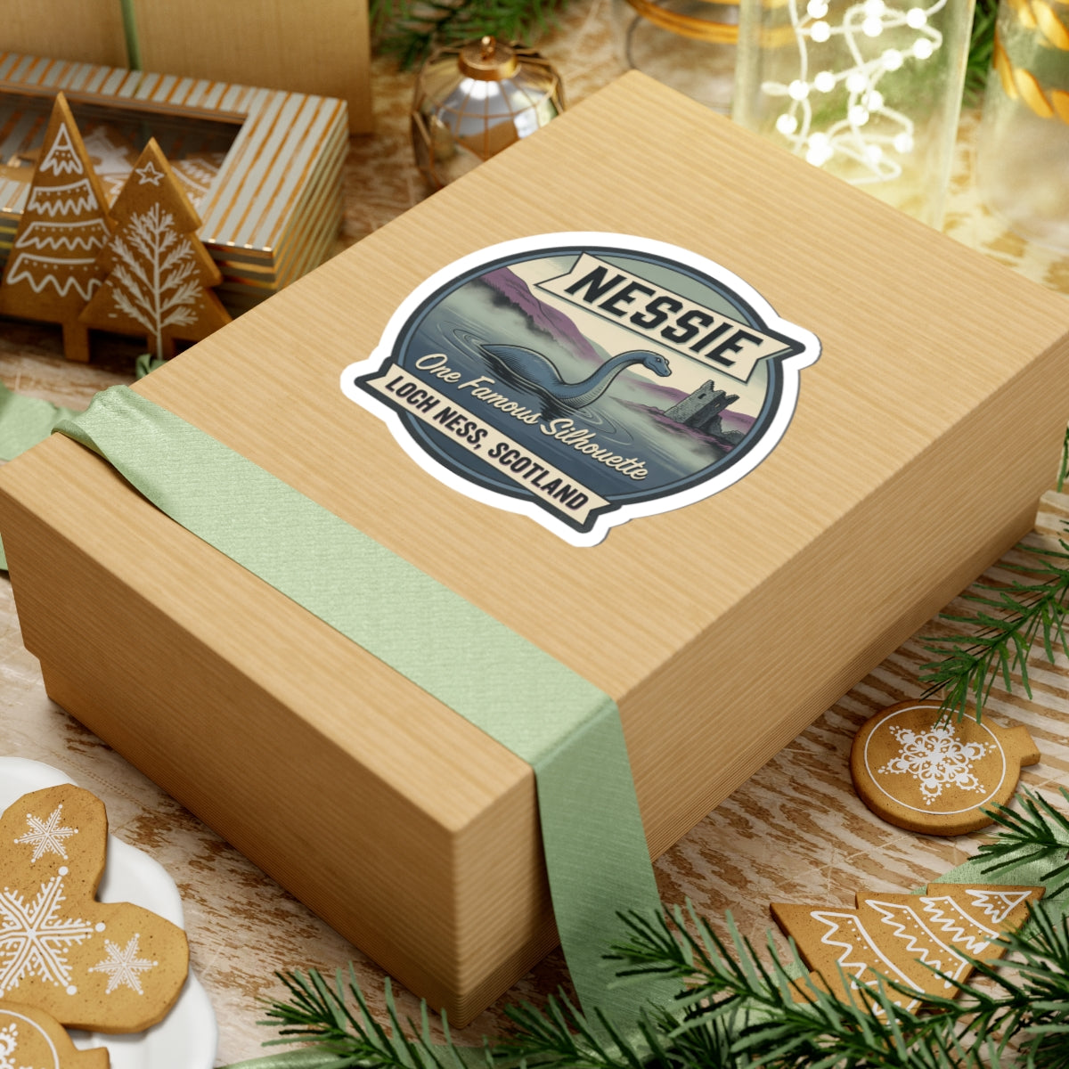 Nessie sticker badge on a gift box with loch scene and “One Famous Silhouette” text