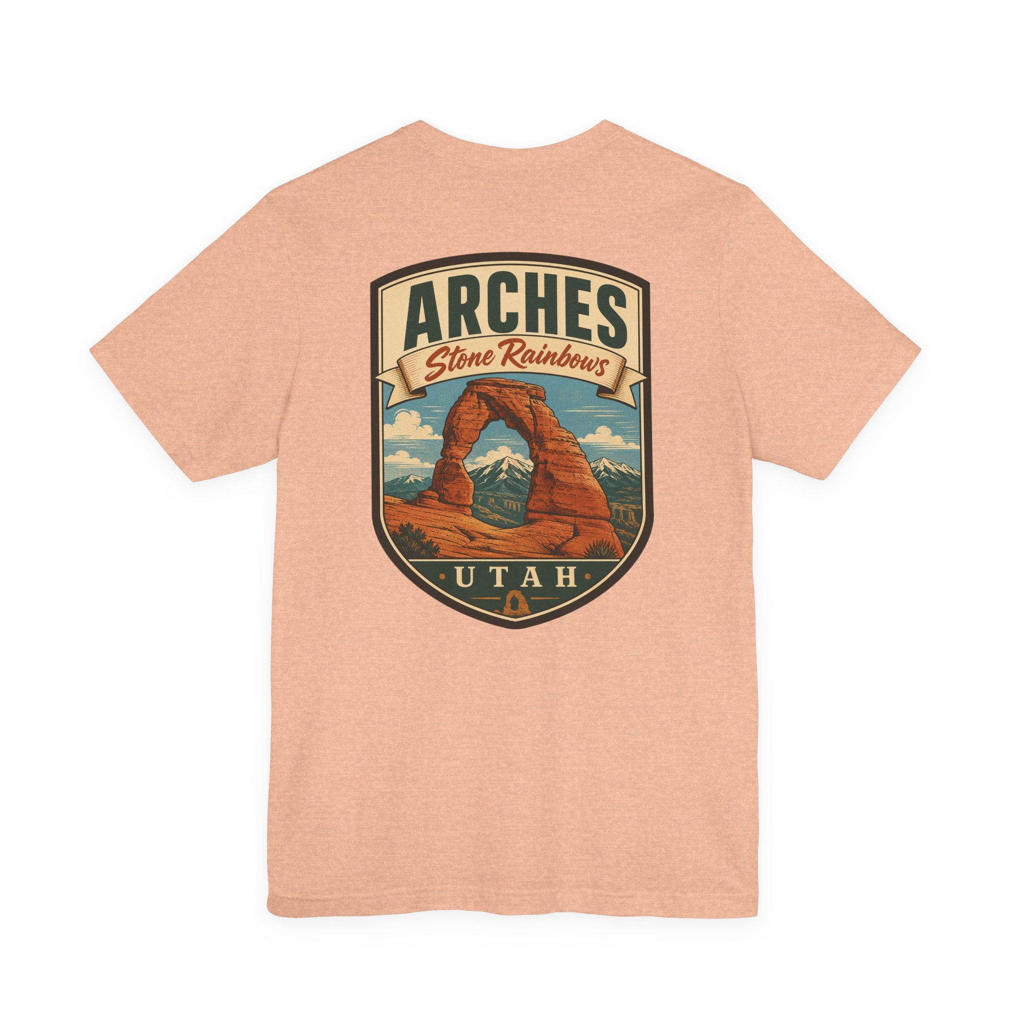 Peach t-shirt with large Arches Utah shield graphic on the chest