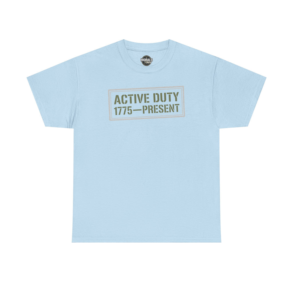 Light blue crewneck T-shirt with 'ACTIVE DUTY 1775–PRESENT' front graphic