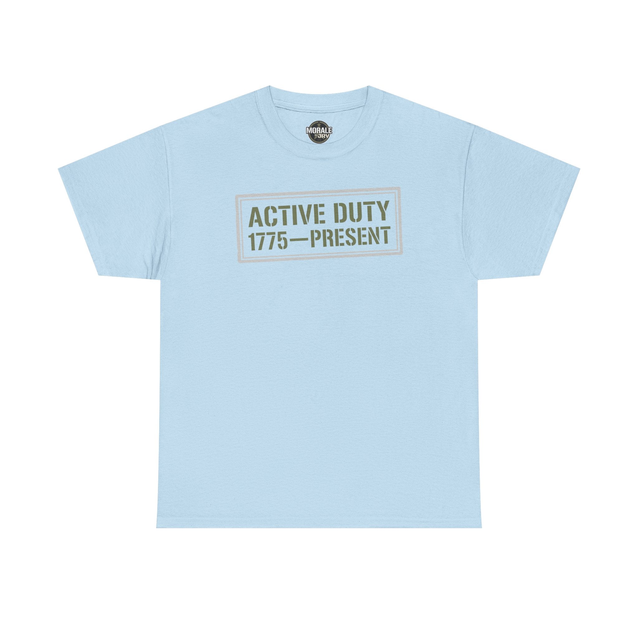 Light blue crewneck T-shirt with 'ACTIVE DUTY 1775–PRESENT' front graphic