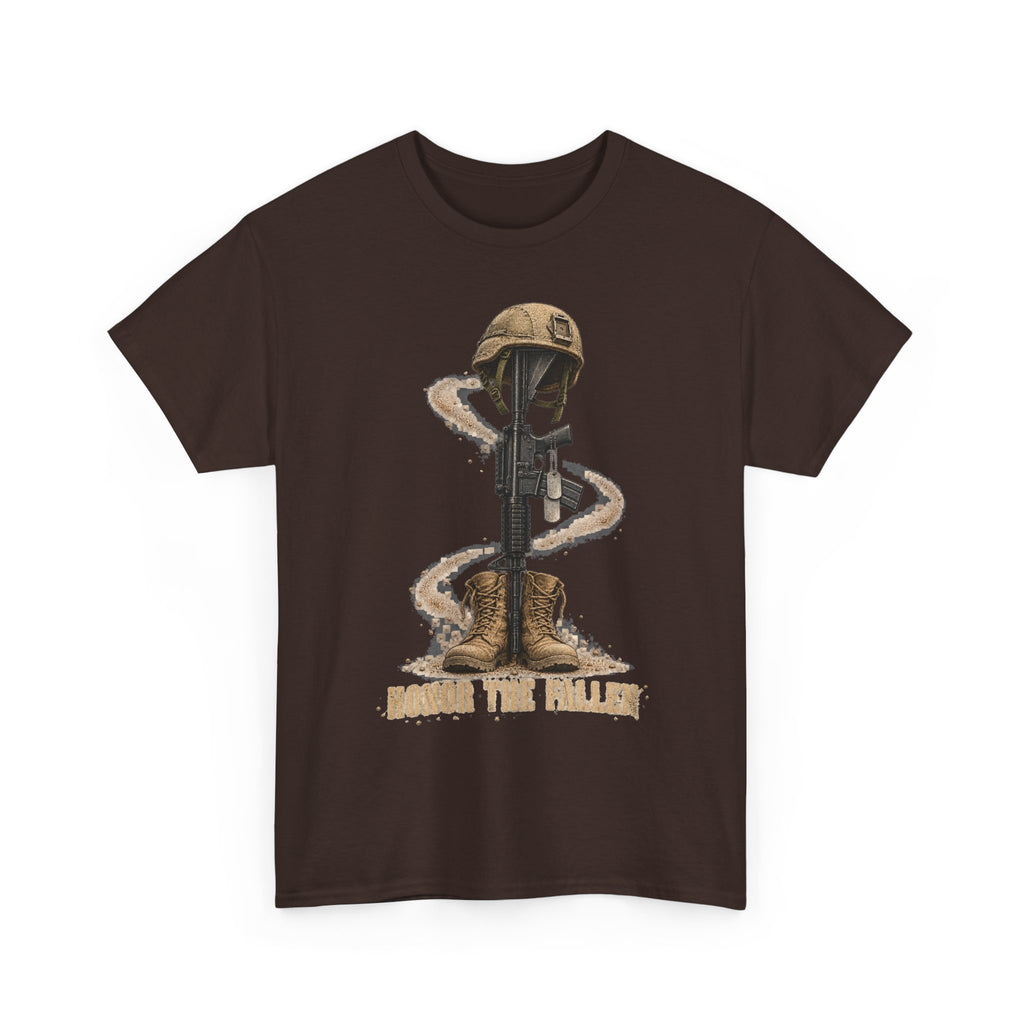 Dark brown graphic t-shirt with soldier and rifle emblem on front.