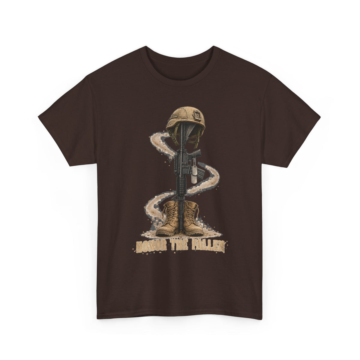 Dark brown graphic t-shirt with soldier and rifle emblem on front.