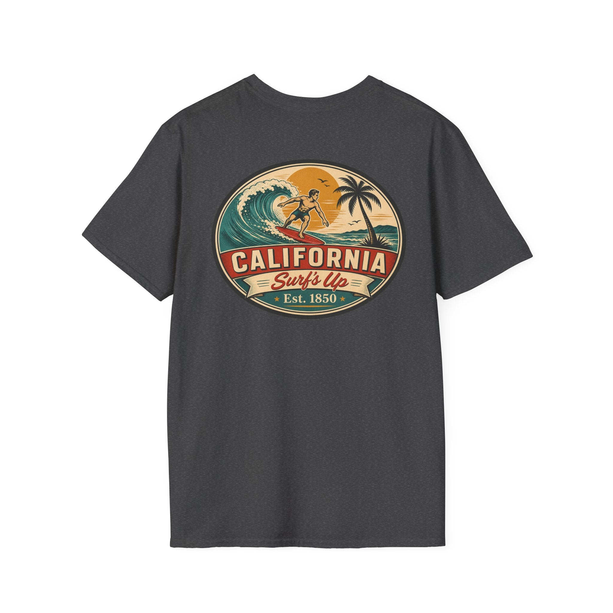 Dark gray T-shirt with large oval California Surf's Up graphic on the chest