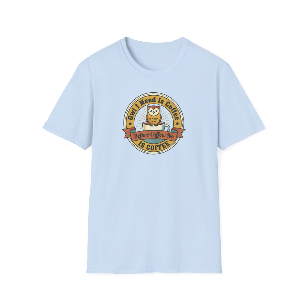 Light blue crewneck T-shirt with coffee owl badge graphic on front