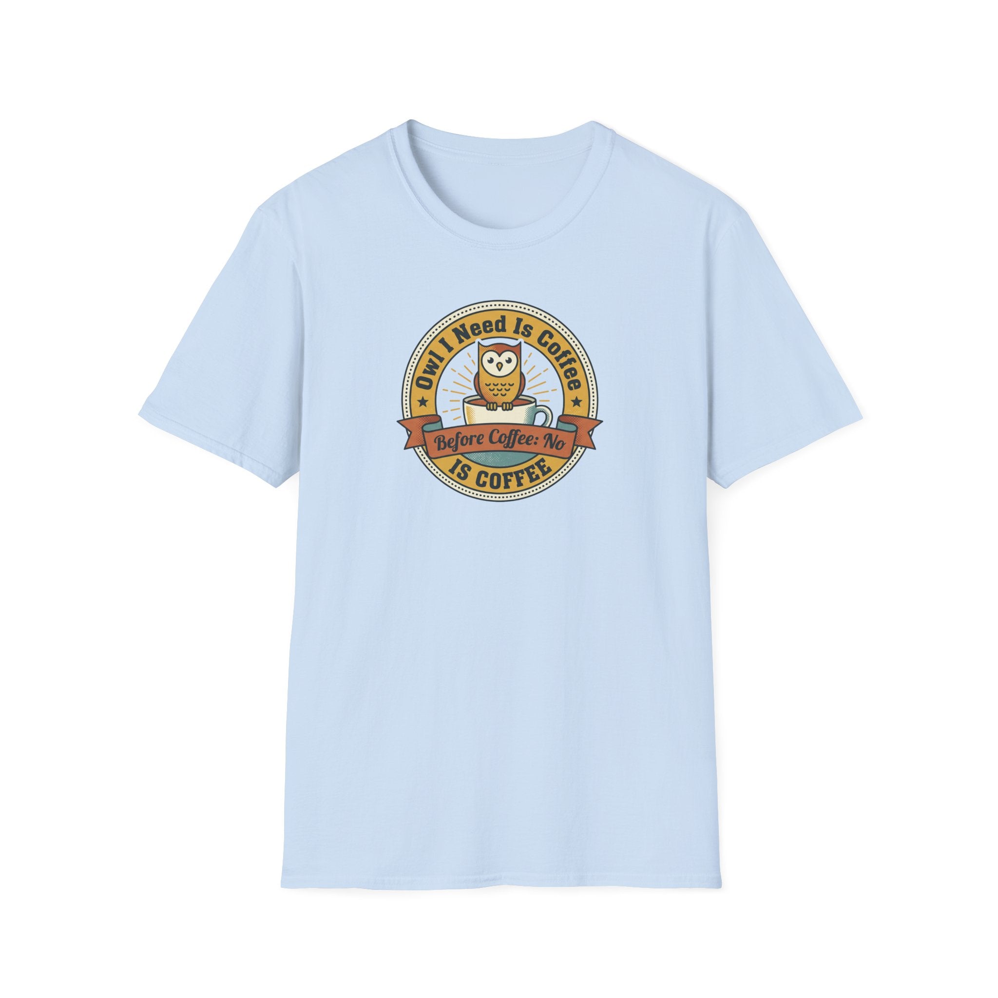 Light blue crewneck T-shirt with coffee owl badge graphic on front