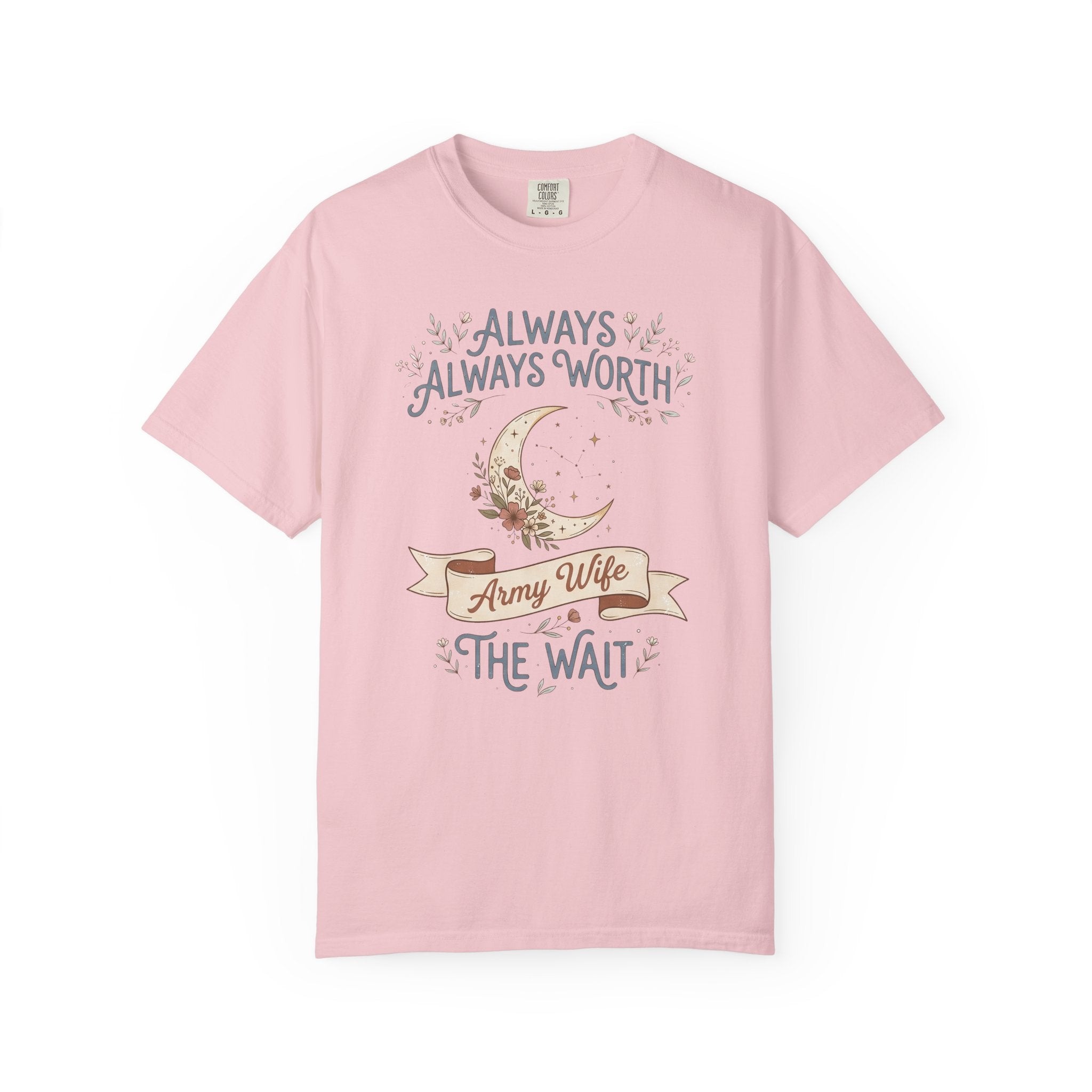 Light pink crewneck T-shirt with moon and “Always Worth the Wait” graphic