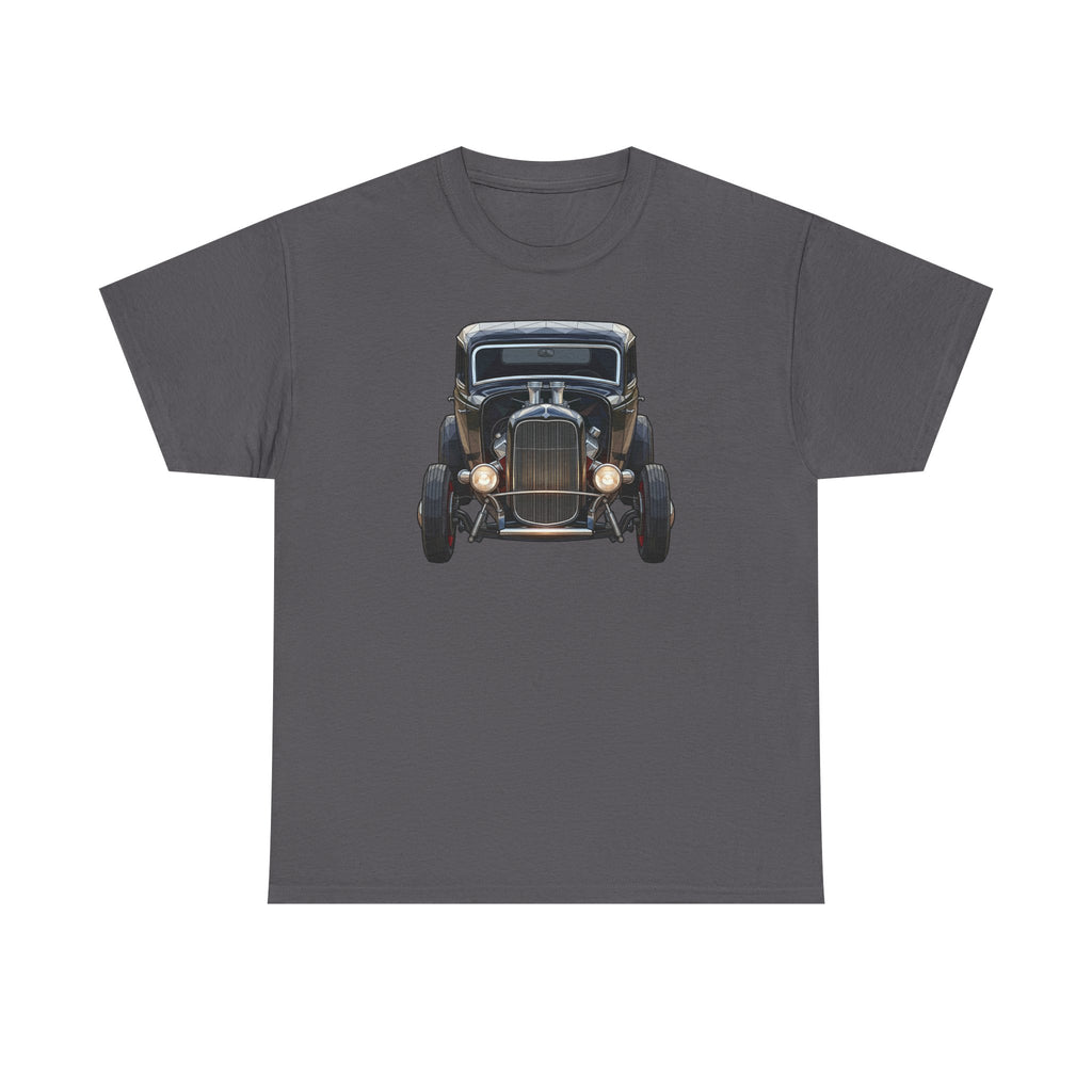 Charcoal gray T-shirt with vintage hot rod car graphic on the chest