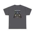 Charcoal gray T-shirt with vintage hot rod car graphic on the chest