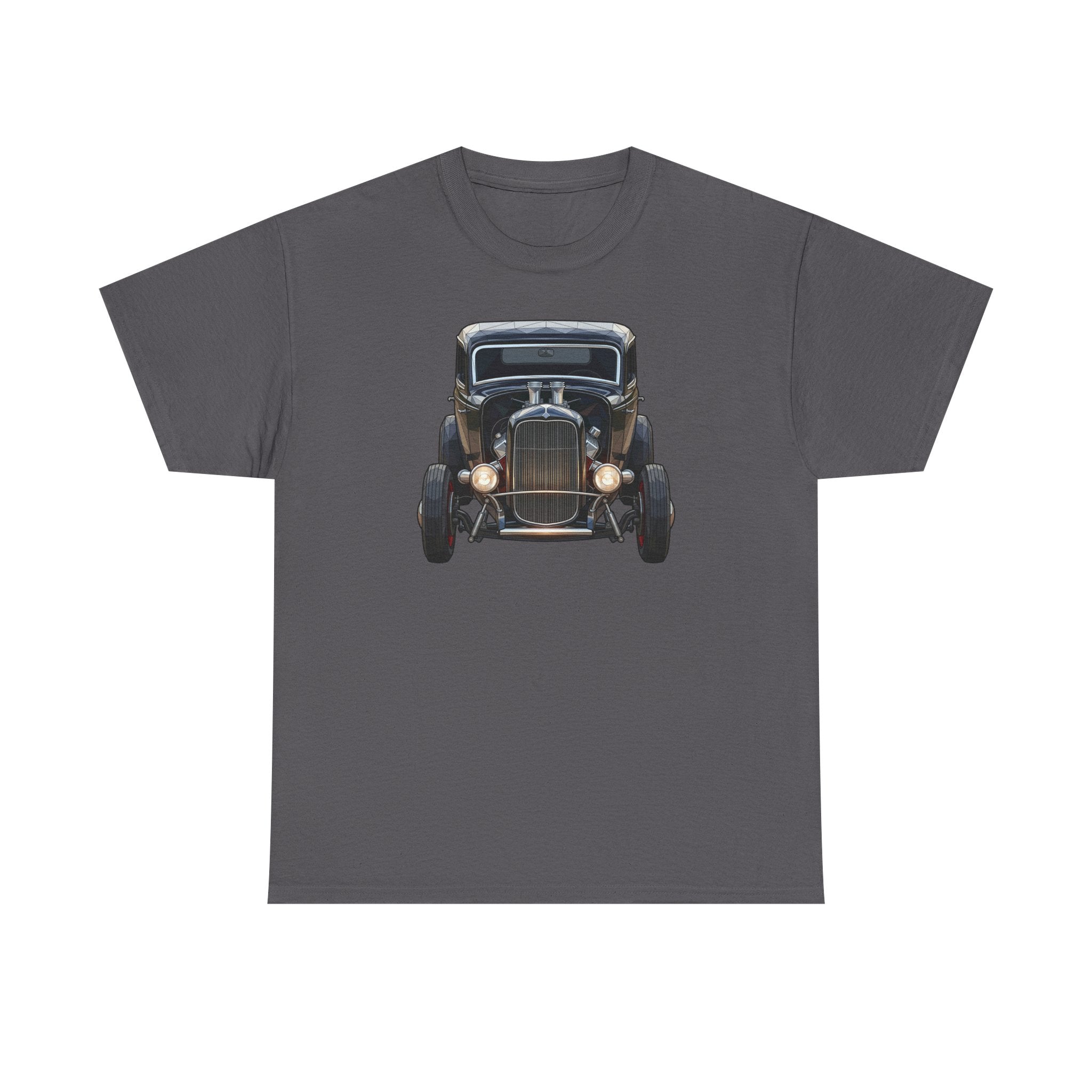 Charcoal gray T-shirt with vintage hot rod car graphic on the chest