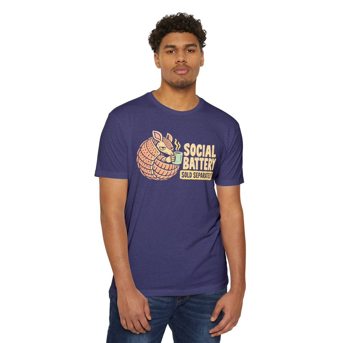 Purple graphic T-shirt with armadillo “SOCIAL BATTERY” text on the front
