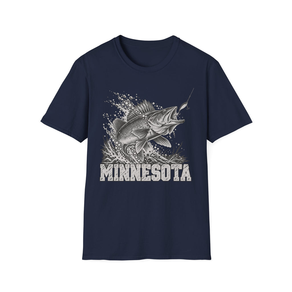 Navy t-shirt with leaping walleye graphic and MINNESOTA text