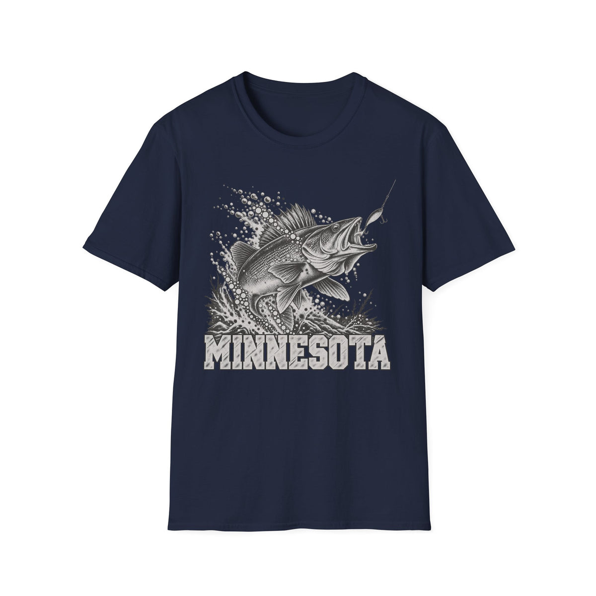 Navy t-shirt with leaping walleye graphic and MINNESOTA text