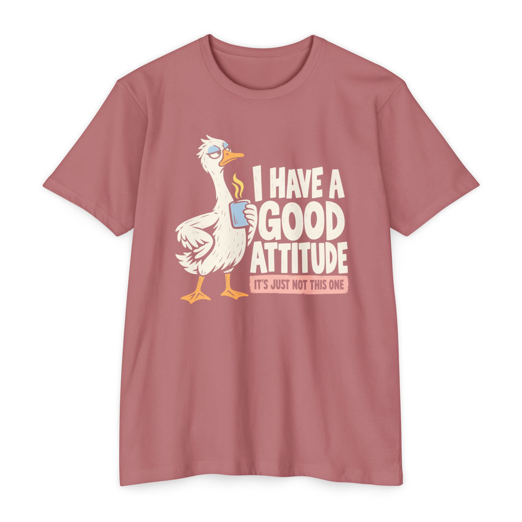 Mauve T-shirt with rooster coffee graphic and 'I Have a Good Attitude' text