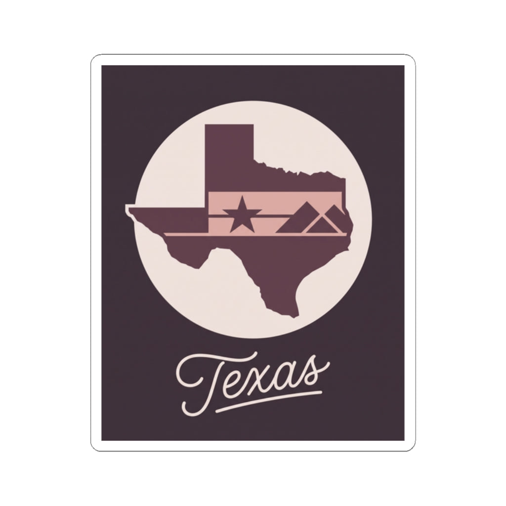 Texas kiss-cut decal featuring map silhouette, star banner, and cursive "Texas" text