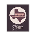 Texas kiss-cut decal featuring map silhouette, star banner, and cursive "Texas" text