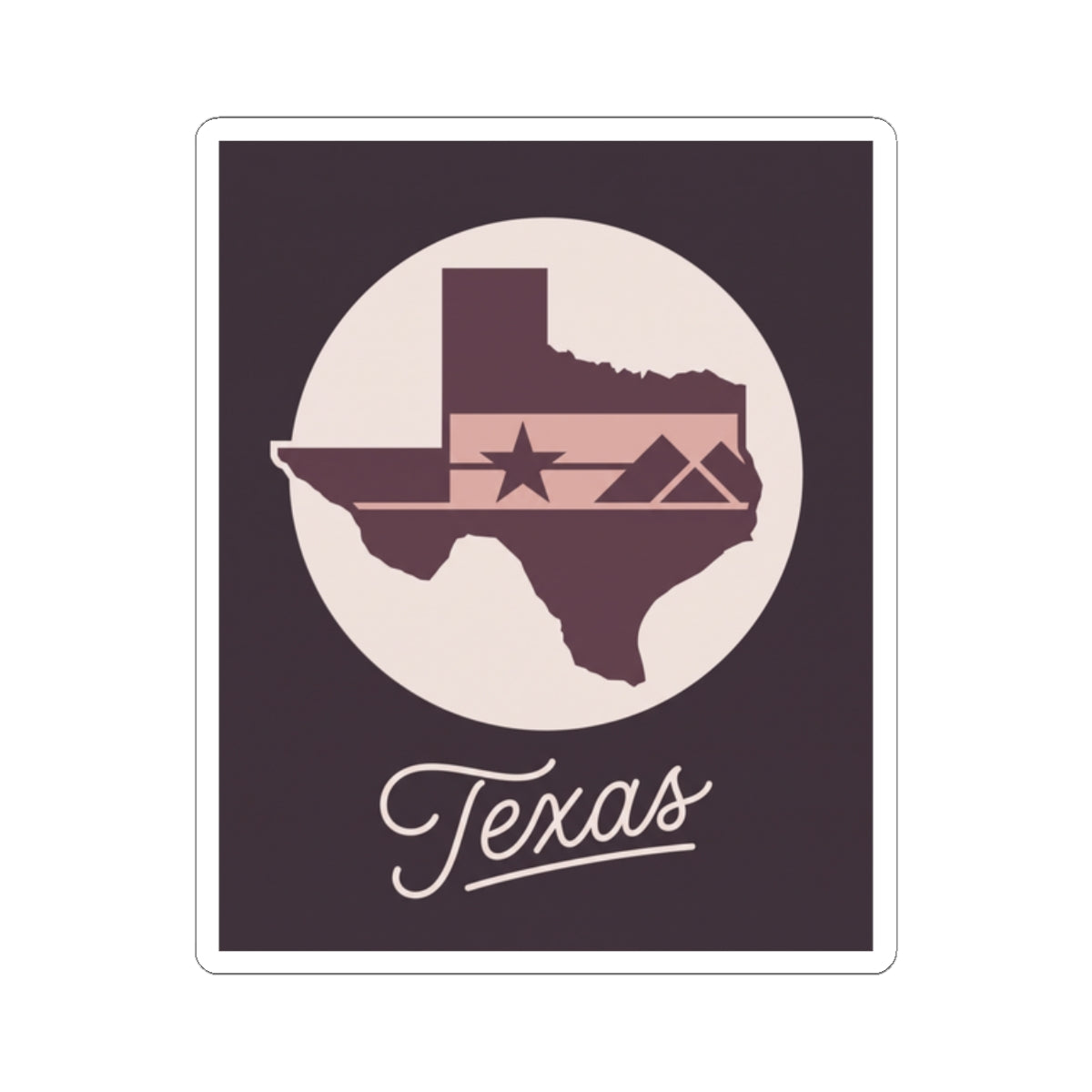 Texas kiss-cut decal featuring map silhouette, star banner, and cursive "Texas" text