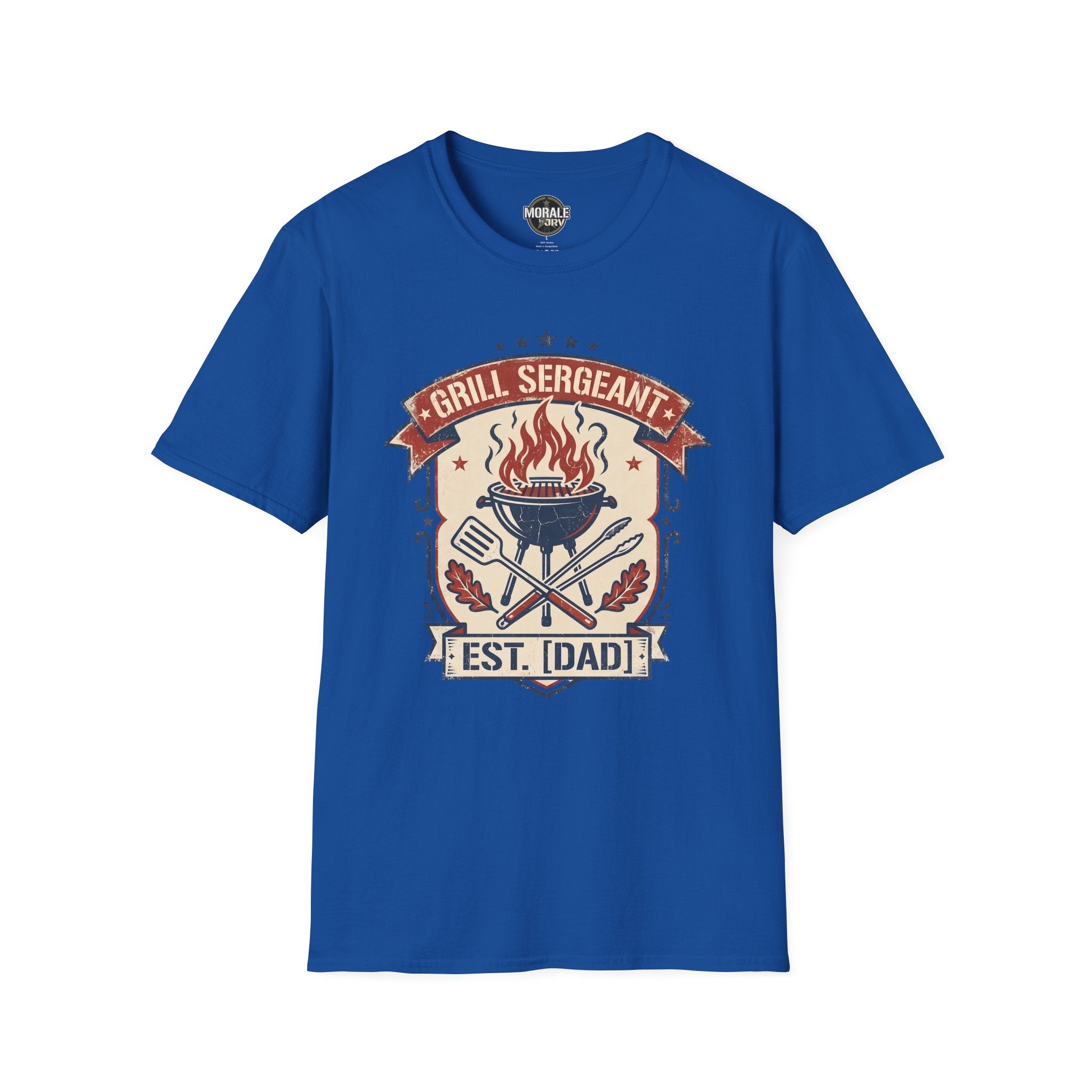 Royal blue Grill Sergeant BBQ T-shirt with flaming grill, crossed utensils, and EST. [DAD]
