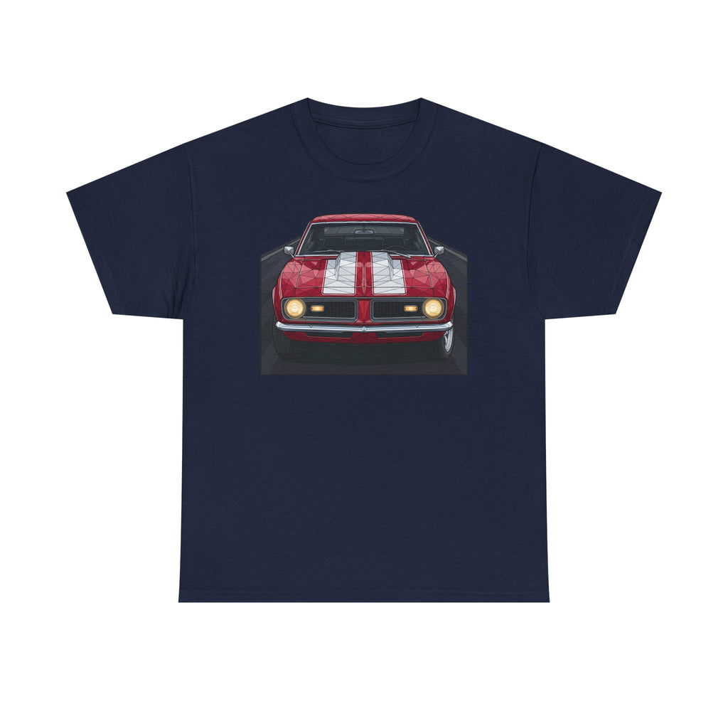 Navy blue vintage muscle car graphic T-shirt with front view red car illustration