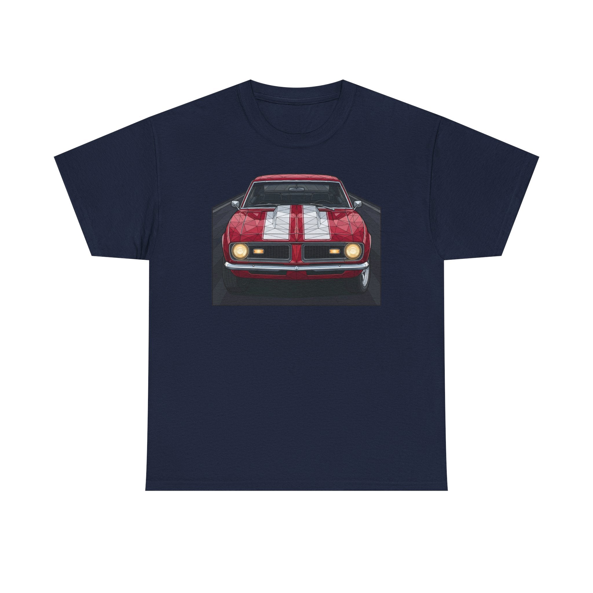 Navy blue vintage muscle car graphic T-shirt with front view red car illustration