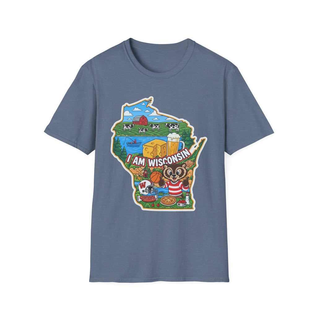 Blue T-shirt with Wisconsin map graphic and dairy farm items and characters