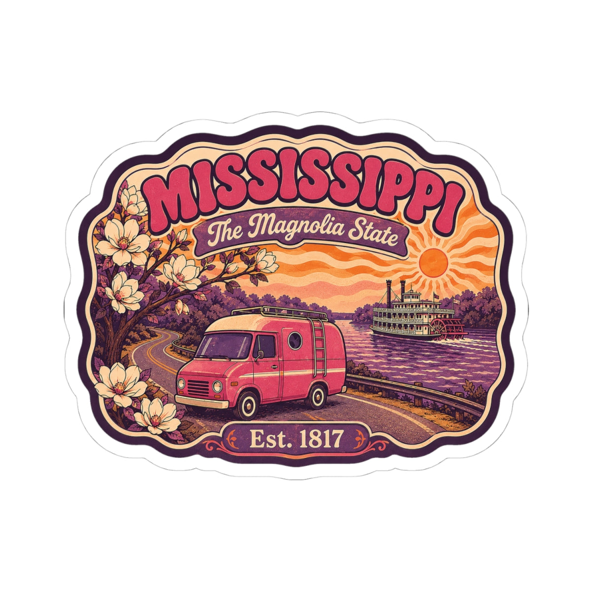 Mississippi state sticker, rounded die-cut shape; pink camper, magnolia flowers, river scene