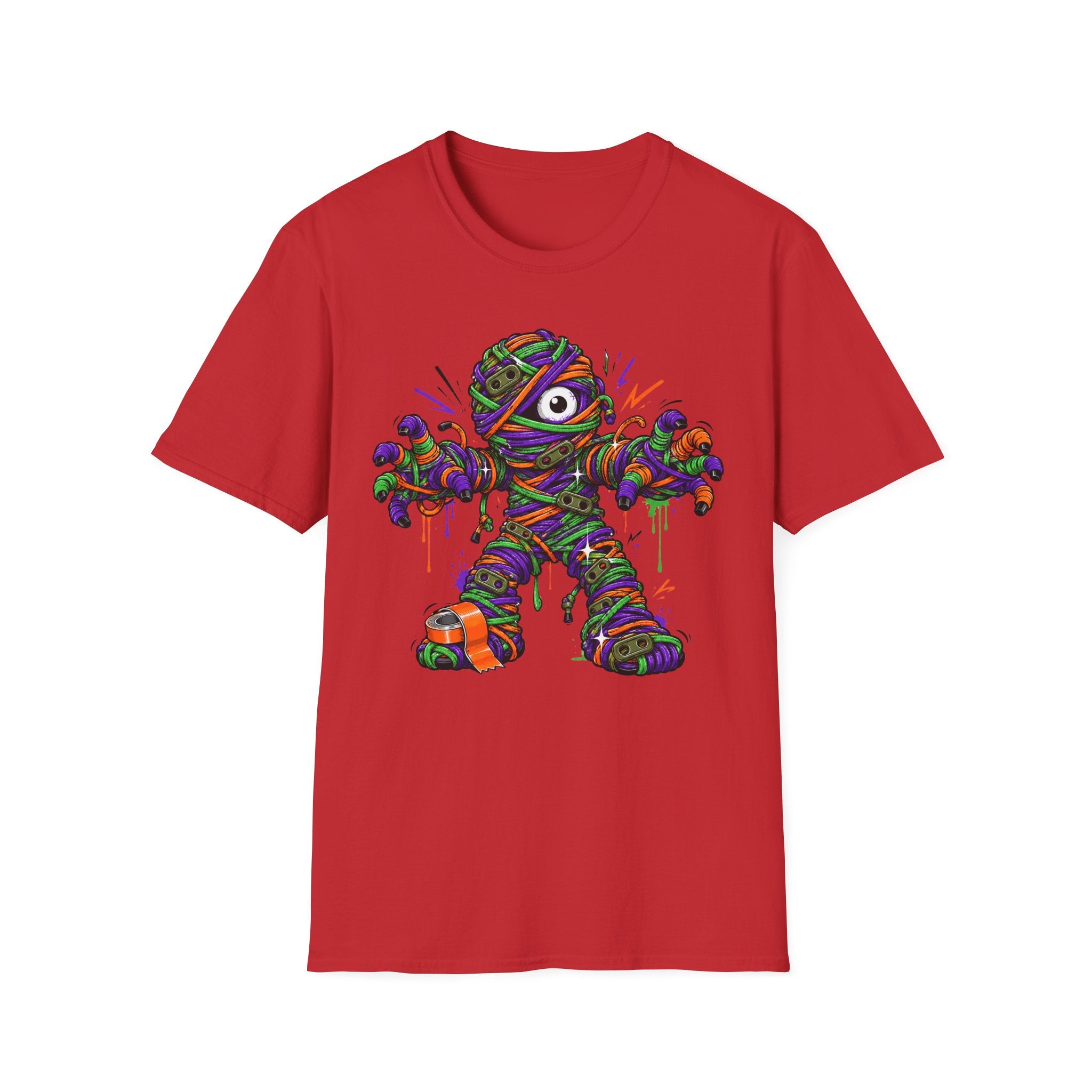 Red mummy illustration T-shirt with colorful wrapped monster graphic on front
