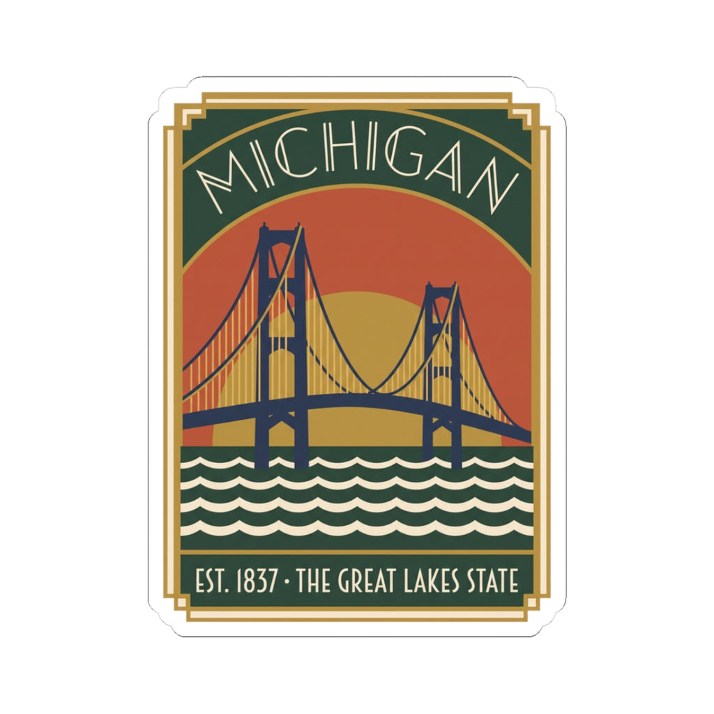 Die-cut vinyl sticker with Michigan bridge illustration, green banner, orange sky, blue waves