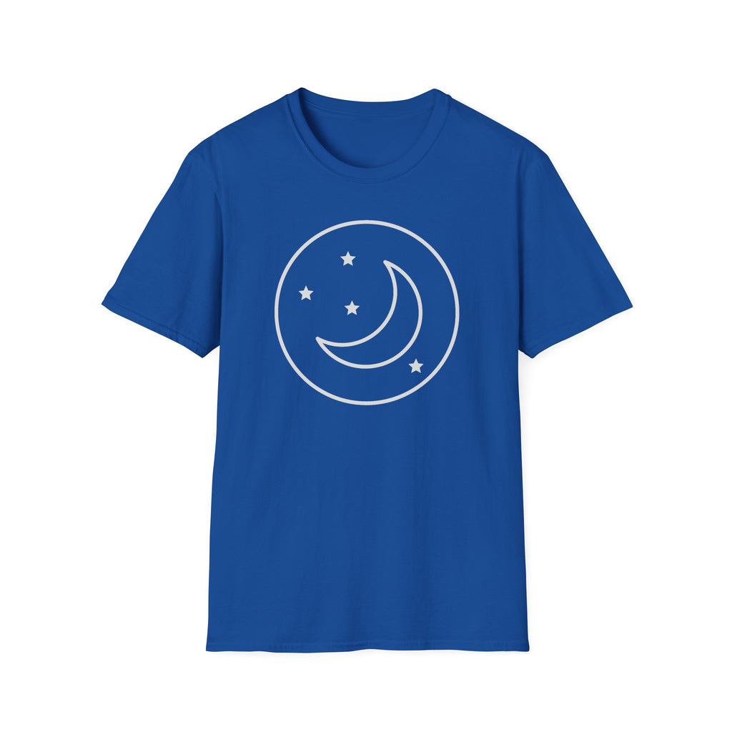 Royal blue unisex T-shirt with white crescent moon and star emblem in a circle